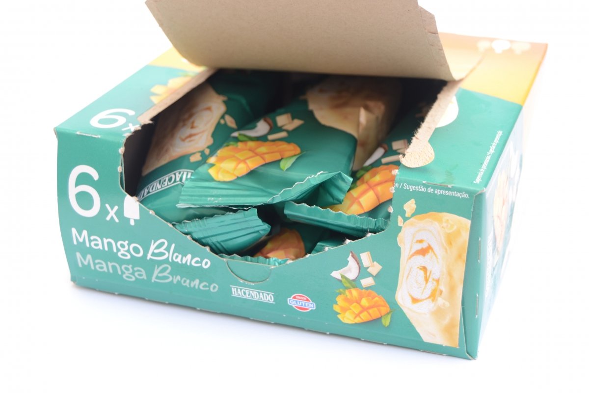 Abre fácil de la caja de helados de supermercado Mercadona sabor mango