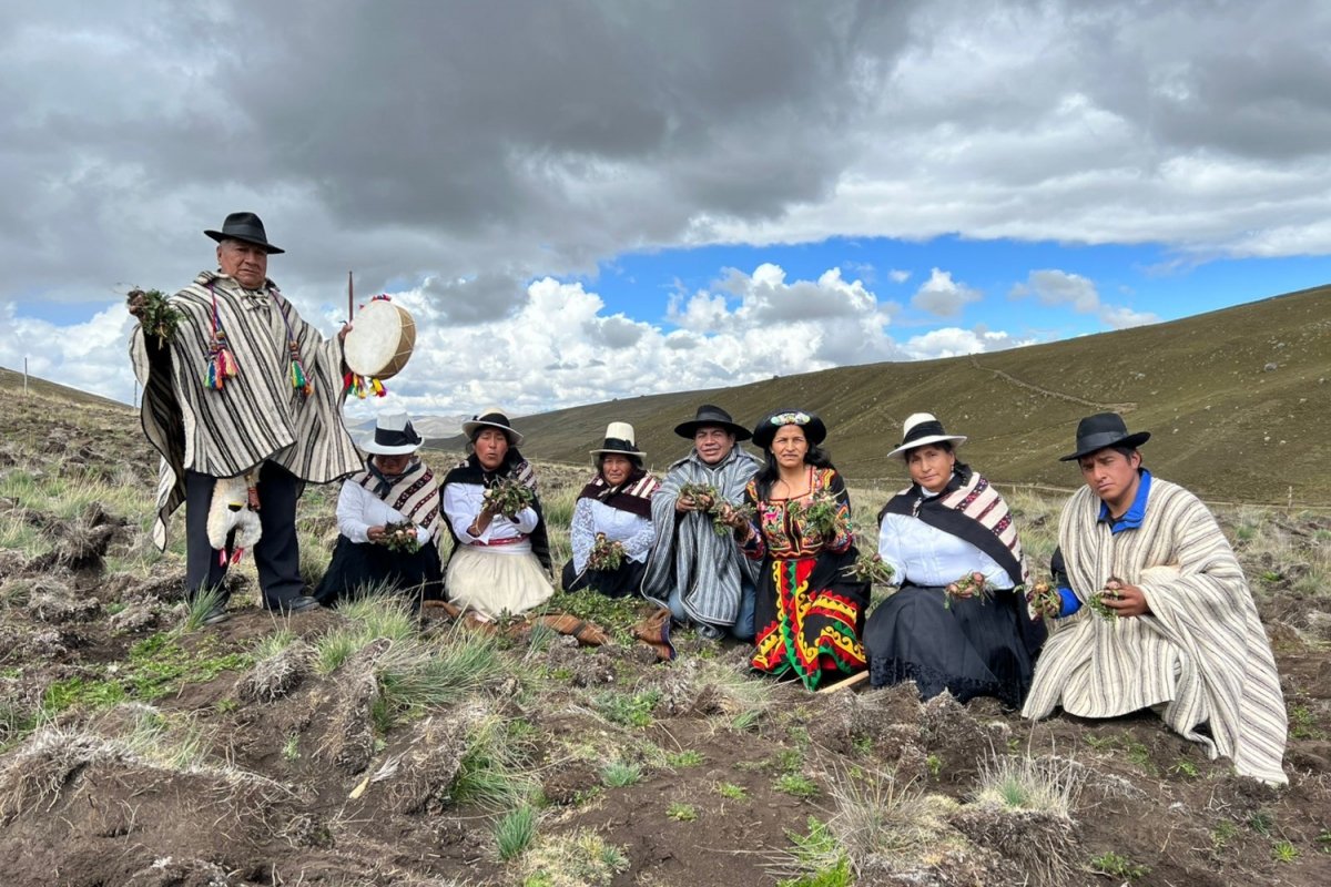 Agricultores andinos mostrando sus cultivos de maca
