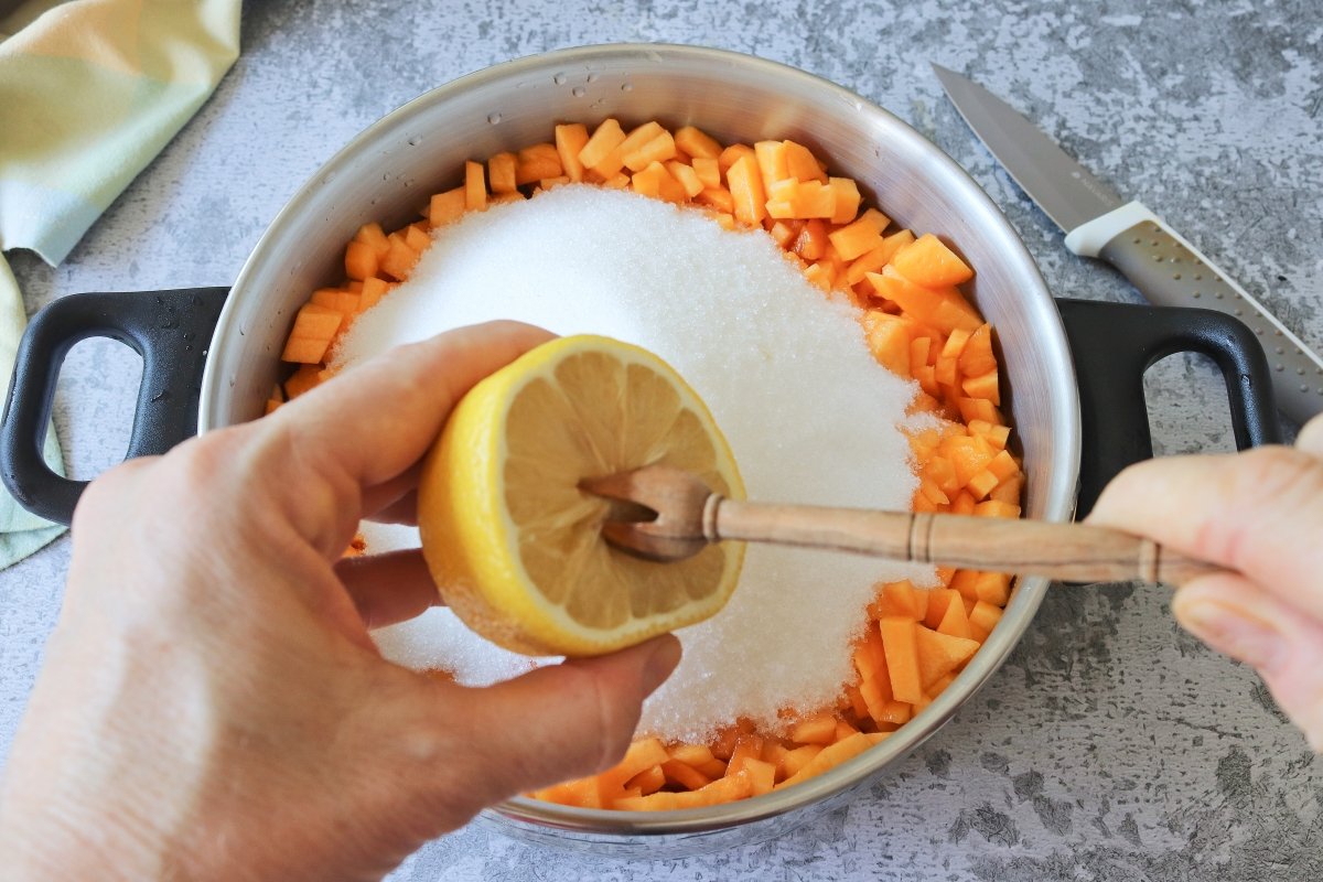 Add sugar and lemon peach jam