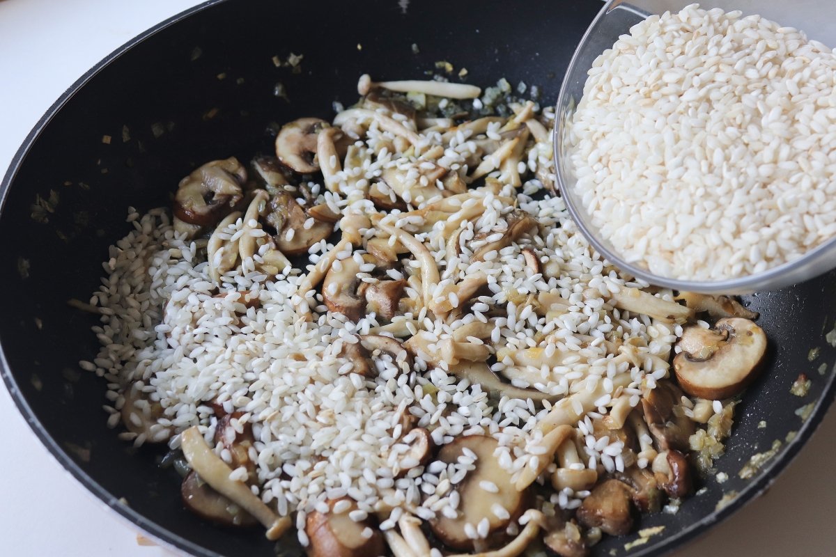 Añadir el arroz para el risotto de setas