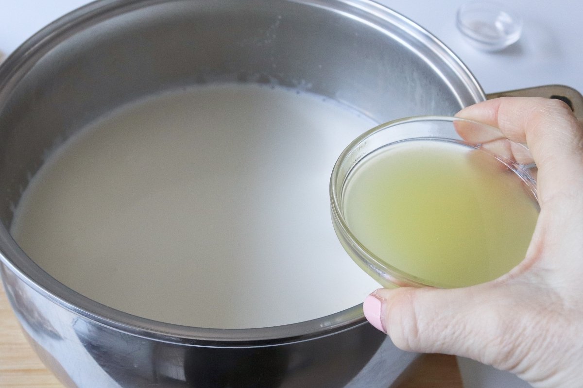 Añadir el limón para cuajar la leche del queso fresco casero