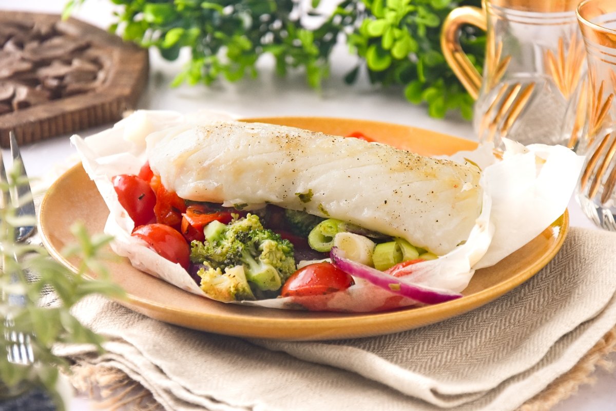 Bacalao en papillote listo para comer