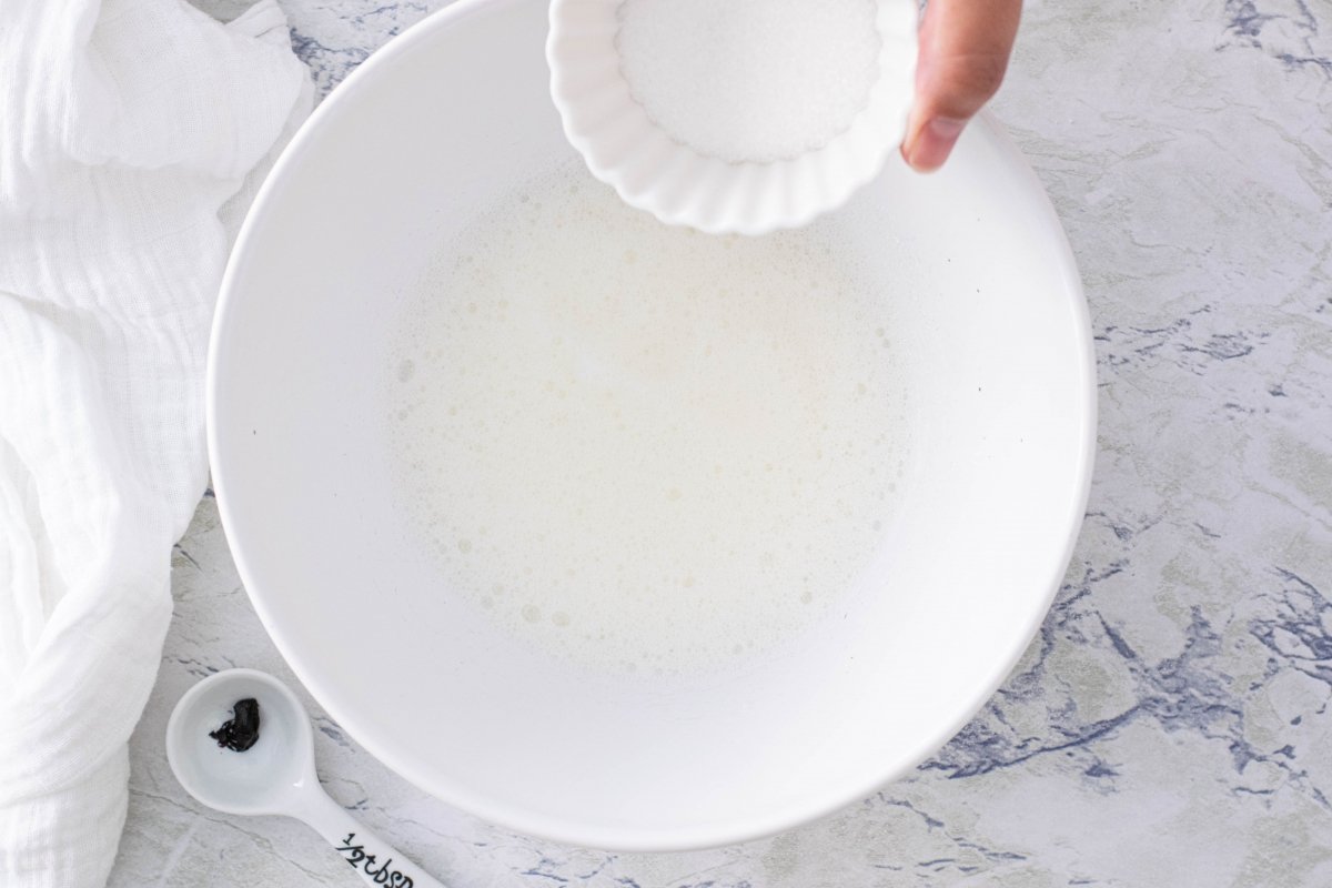 Batir las claras con la albúmina en polvo para hacer el merengue italiano de los macarons