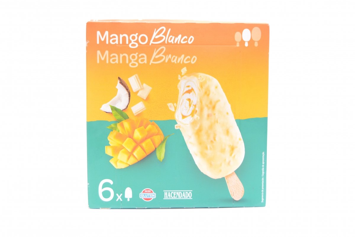 Bombón helado de palo con sabor mango y chocolate blanco de Hacendado