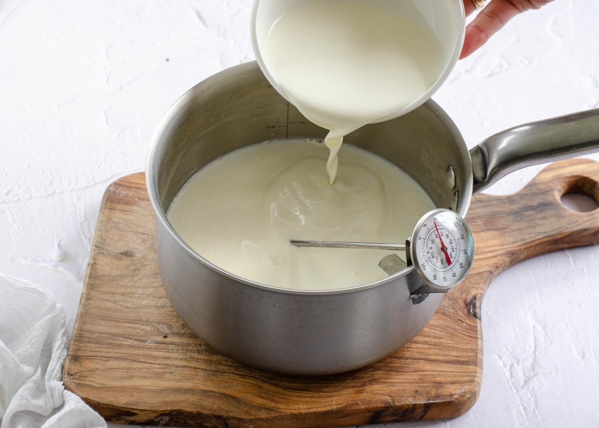 Calentando la leche con la nata para hacer yogur griego