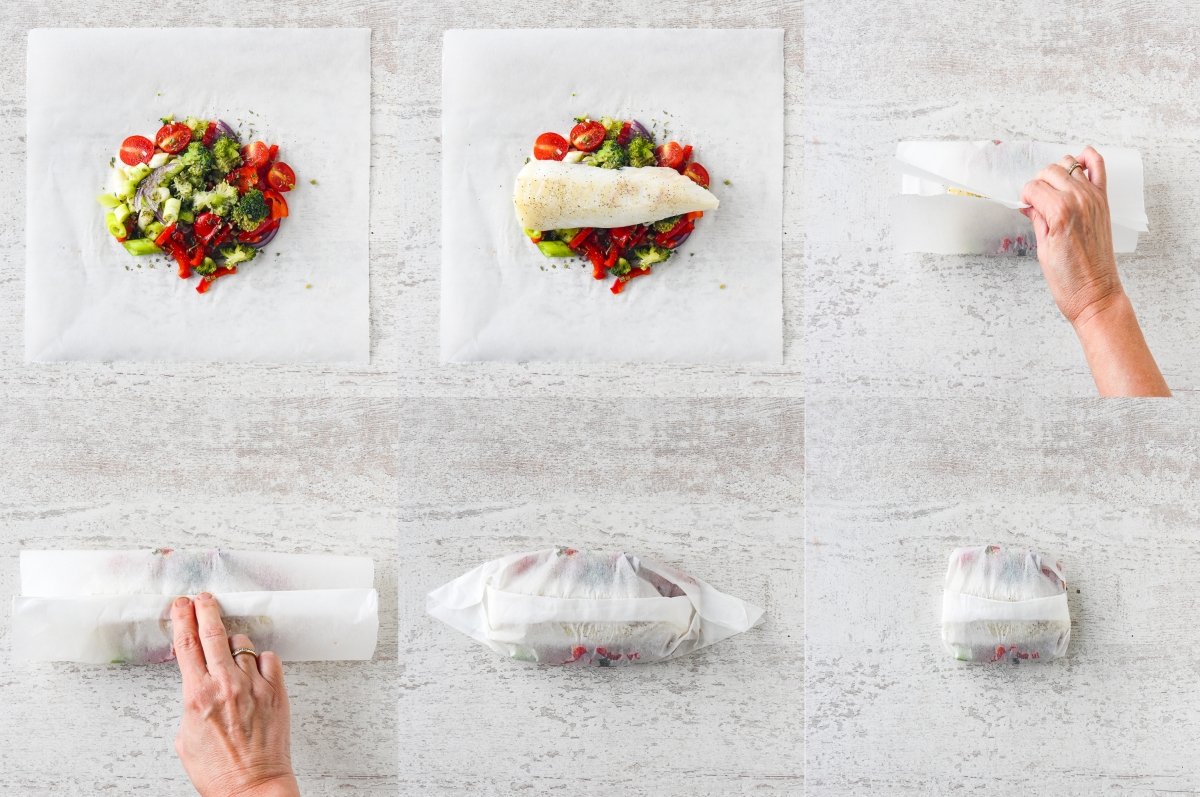 Cerramos el papillote con el bacalao y las verduras