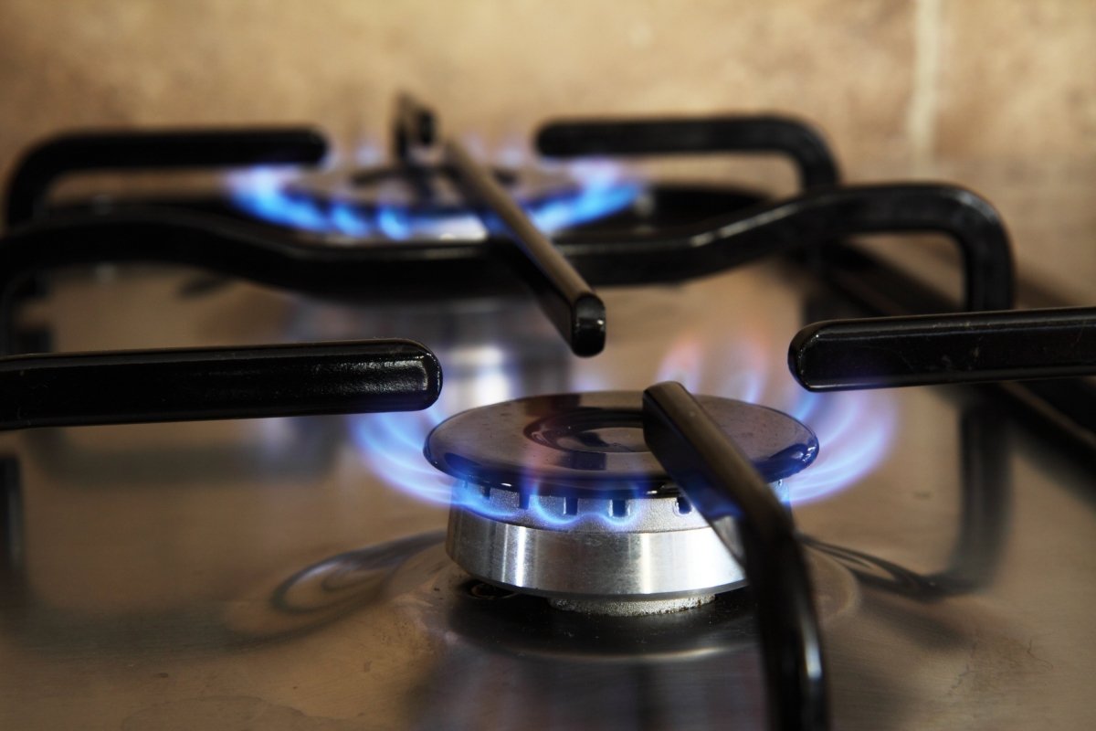 Cocina de gas con dos fogones encendidos con llama azul