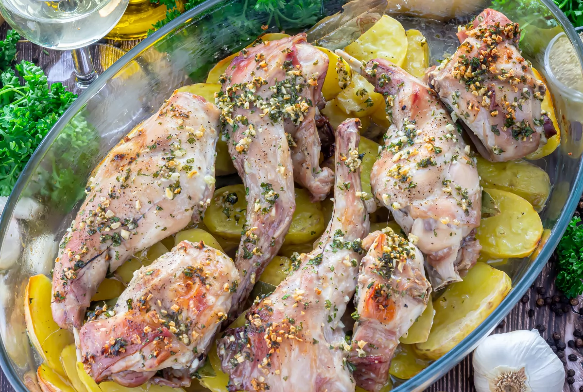 Conejo al horno asado con patatas 5 Conejo al horno con patatas listo para servir *
