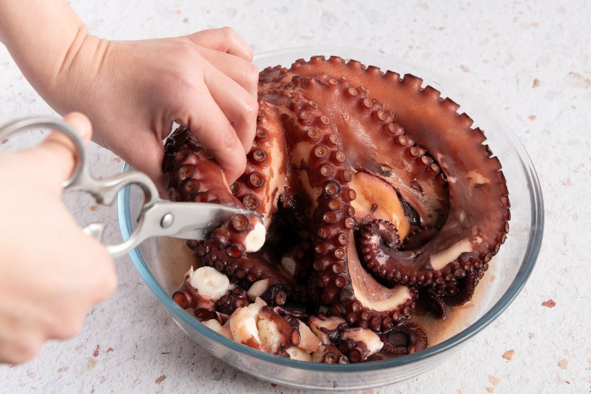 Cortando pulpo cocido para el pulpo a la mugardesa