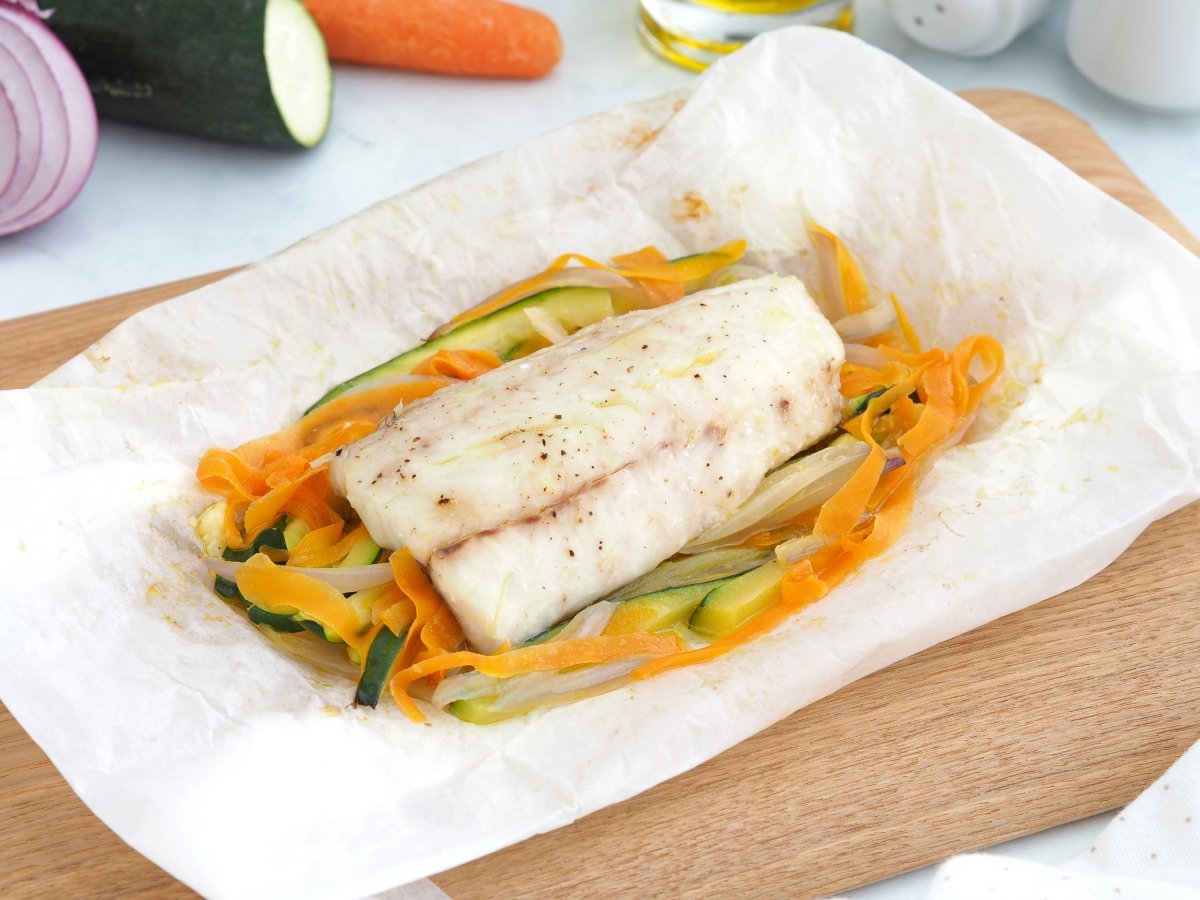 Corvina en papillote lista para servir