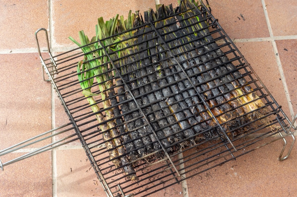 Dar la vuelta a la parrilla de los calçots a la brasa