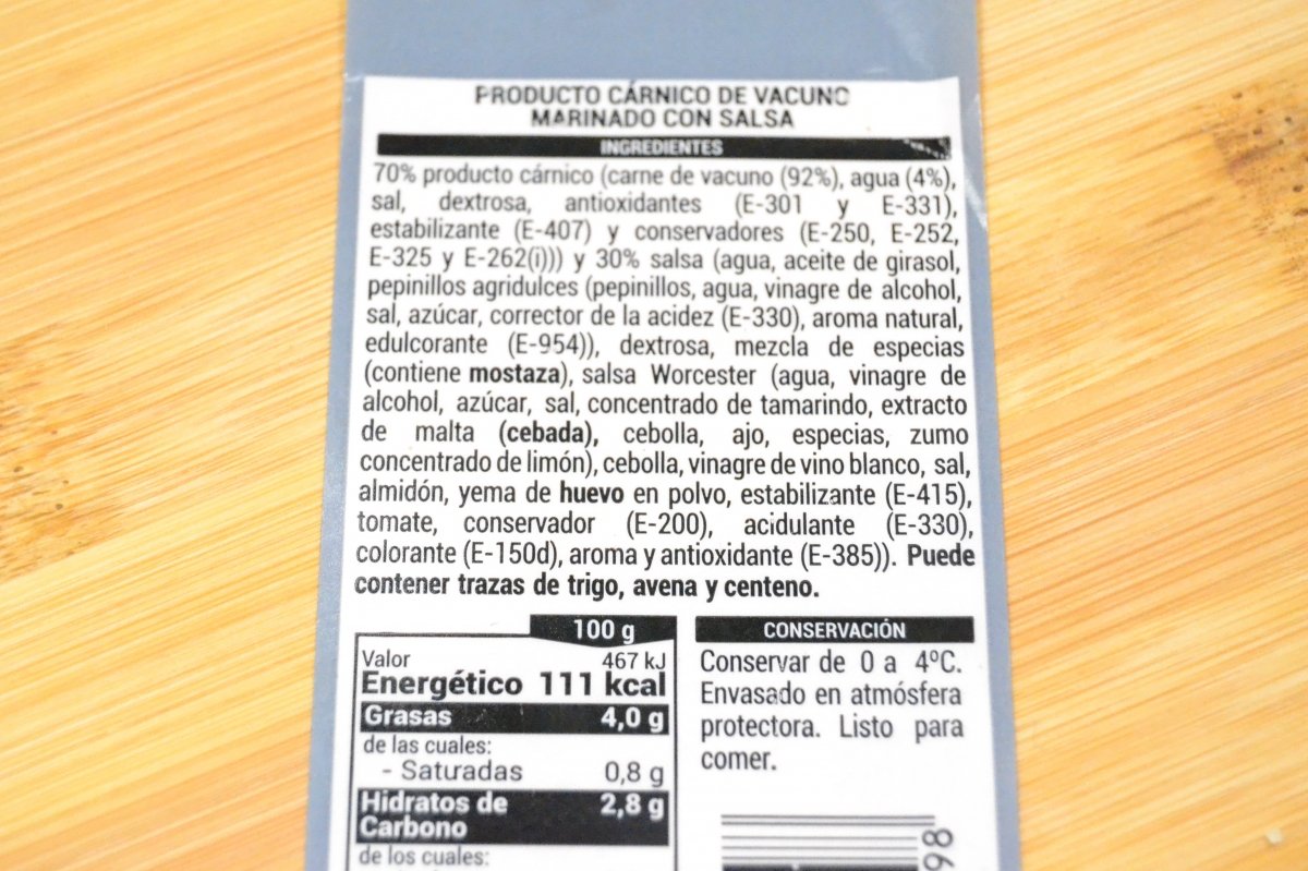 Etiquetado de ingredientes del steak tartar de carne de vacuno de Mercadona