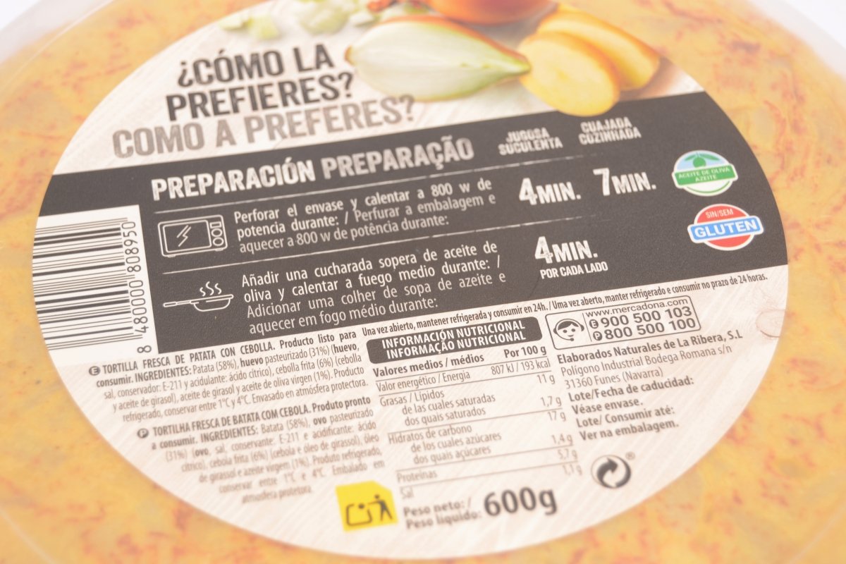 Etiquetado de la tortilla de las comidas preparadas de Mercadona