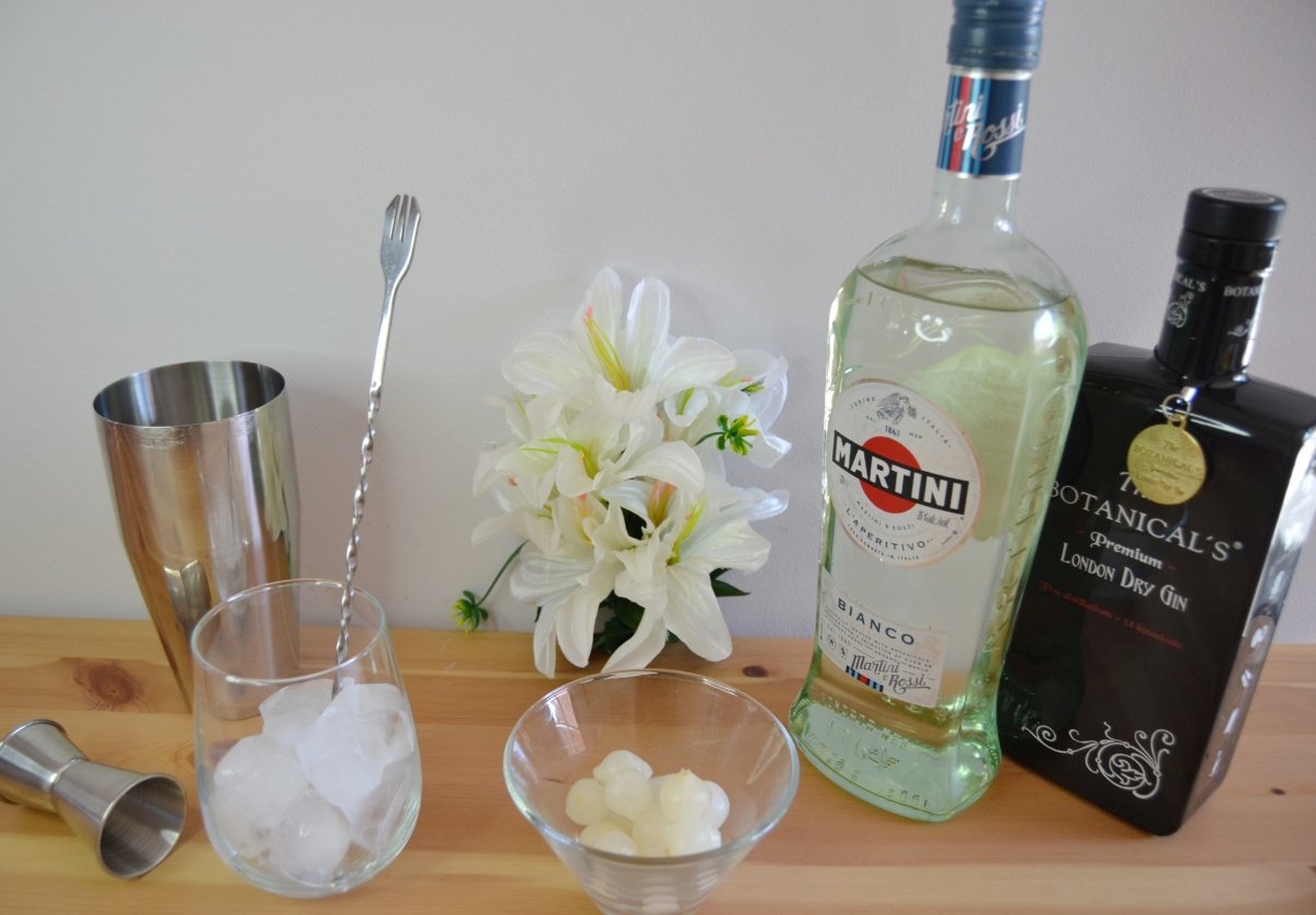 Photo of the necessary ingredients for the Gibson cocktail