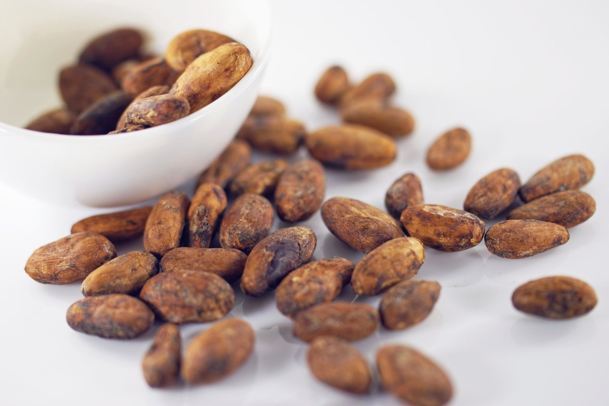 Habas y vaina de cacao sobre una mesa