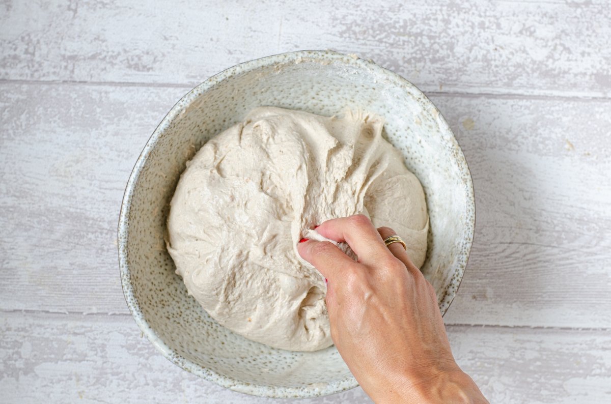 Making folds in rye bread dough
