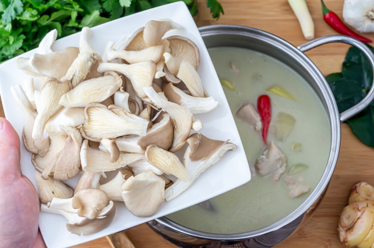 Incorporar las setas a la sopa tom kha kai