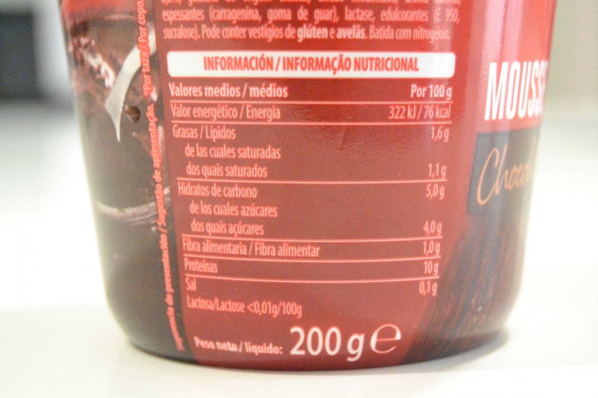 Información nutricional de la mousse +Proteínas sabor chocolate