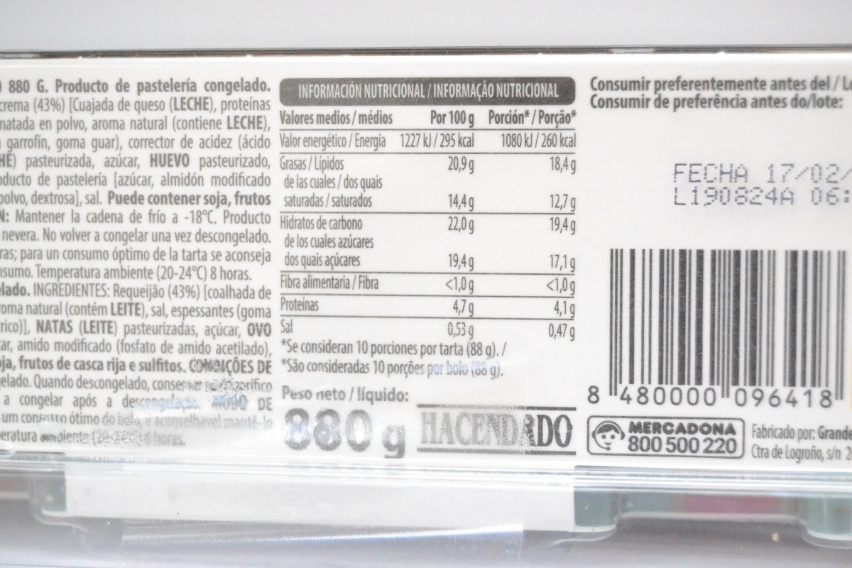 Información nutricional de la tarta de queso Mercadona