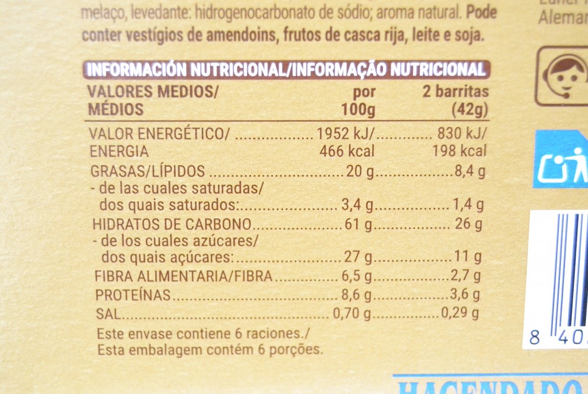 Información nutricional de las barritas con chocolate negro y avena de Mercadona