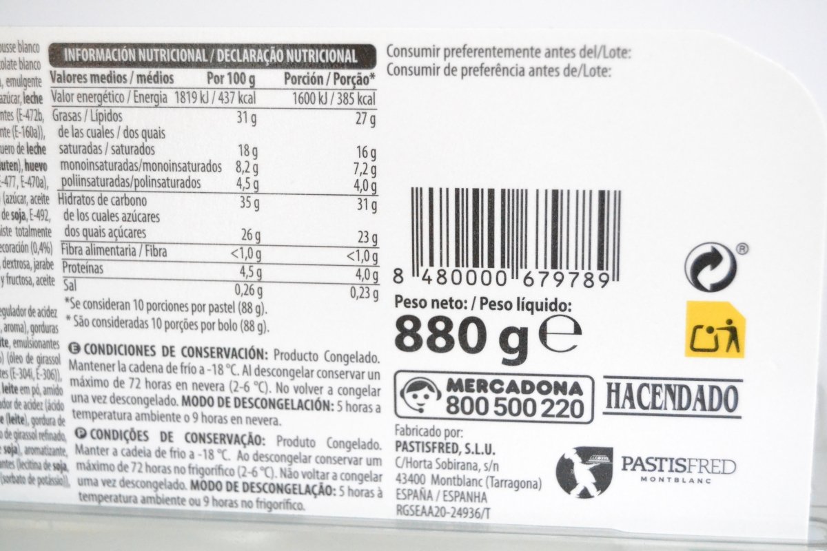 Información nutricional del etiquetado de la tarta Kinder de Mercadona