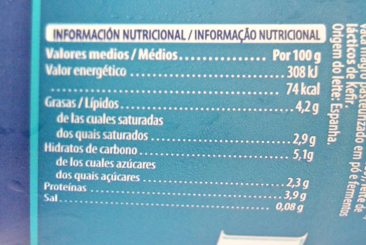 Información nutricional del etiquetado del kéfir de Mercadona