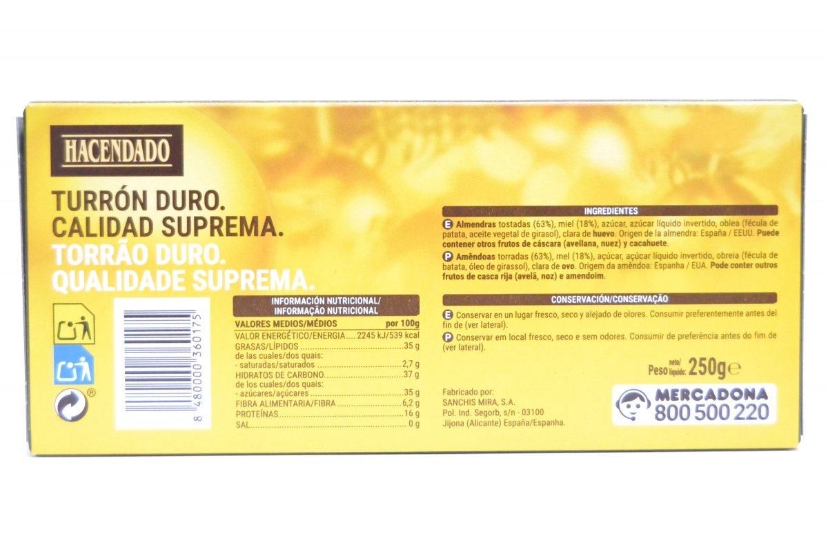 Información nutricional e ingredientes del turrón duro de Hacendado