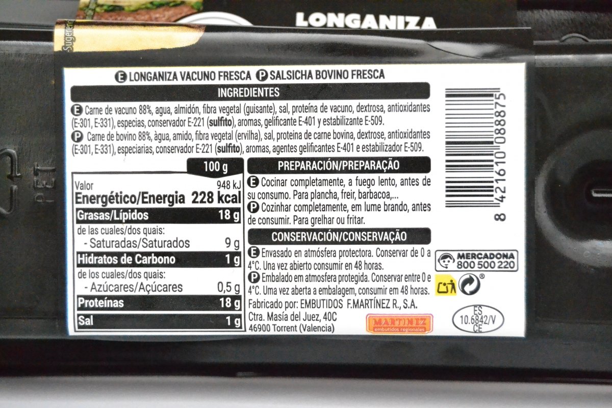 Ingredienetes de las longanizas frescas de vaca de Mercadona y valores nutricionales