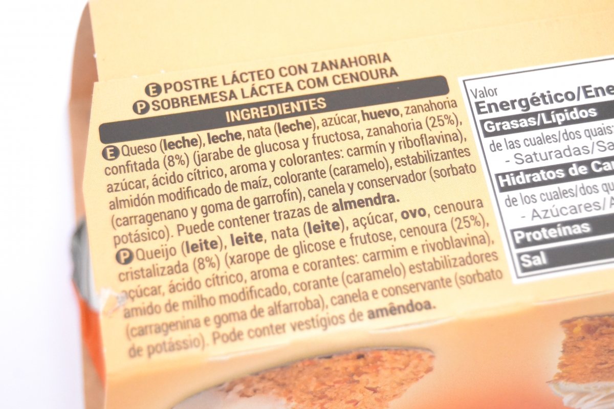 Ingredientes de la tarta de zanahoria de Hacendado