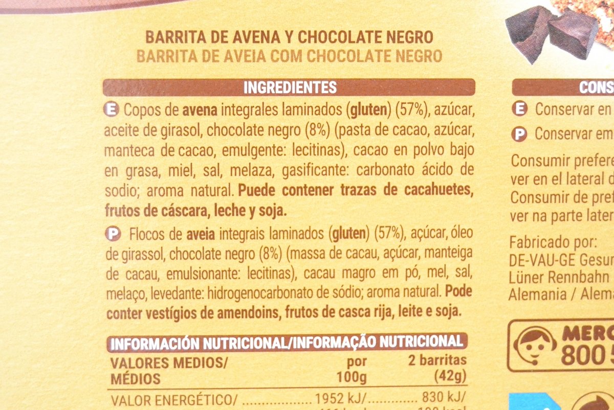 Ingredientes de las barritas Hacendado con avena y chocolate negro