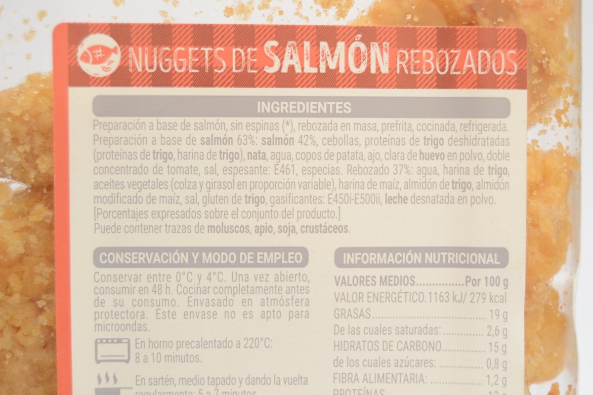 Ingredientes de los nuggets Hacendado con salmón