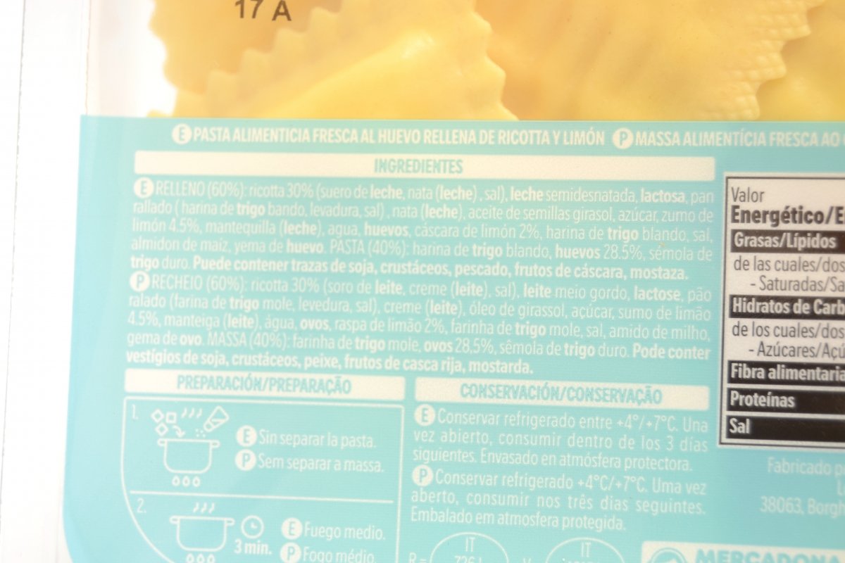 Ingredientes de los raviolis de ricotta y limón Hacendado