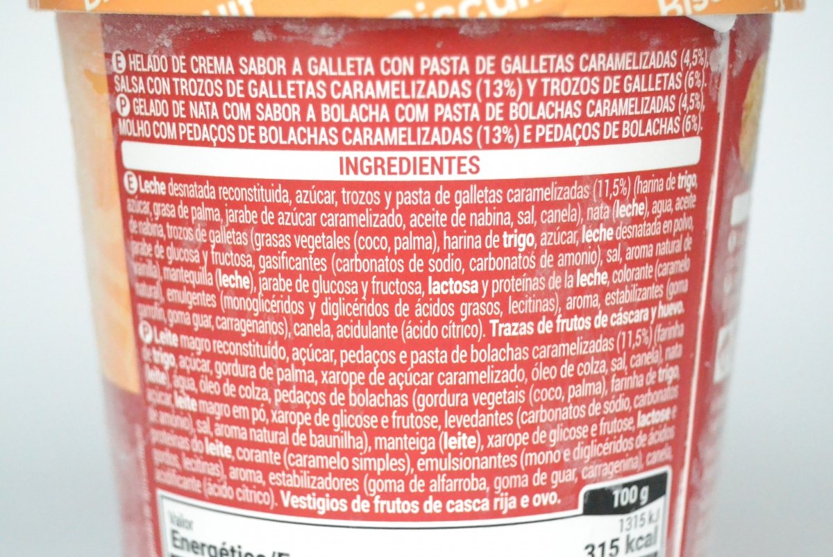 Ingredientes del helado con sabor galleta Lotus de Mercadona