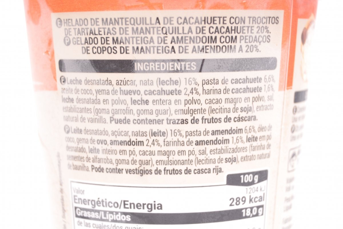 Ingredientes del helado de cacahuete con trozos de chocolate de Mercadona