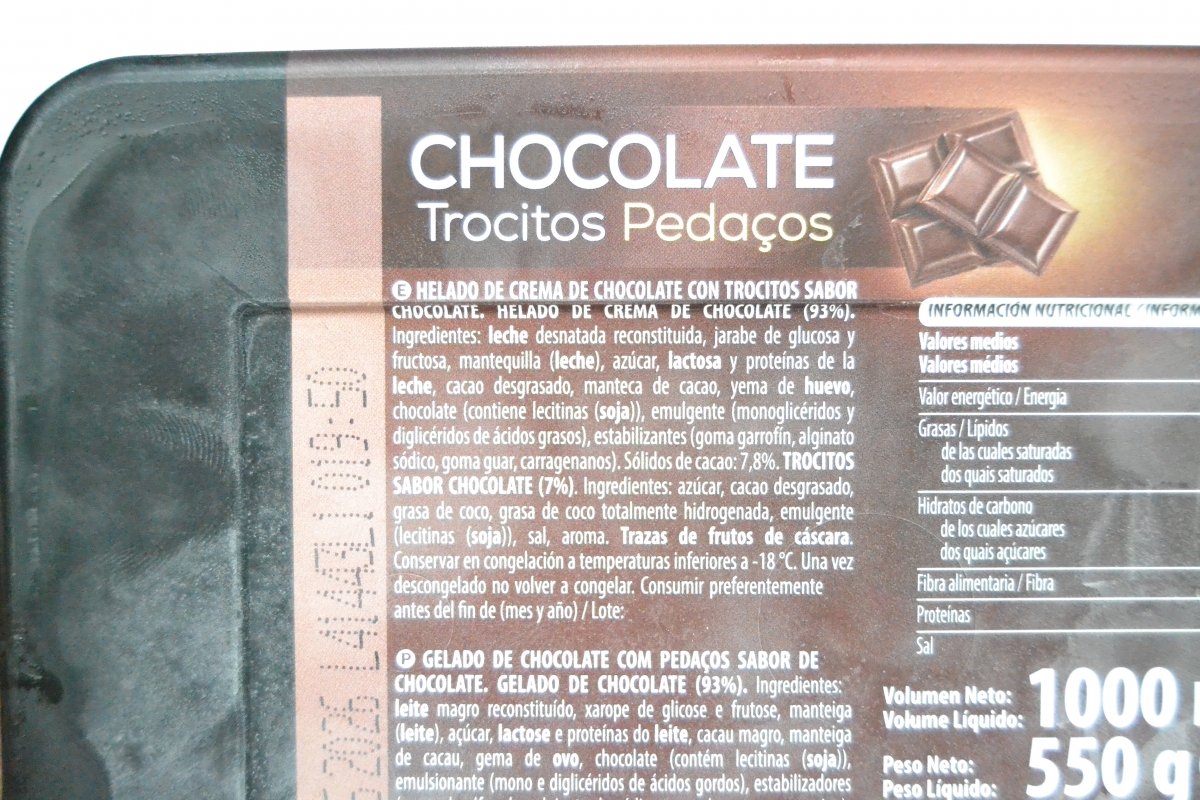 Ingredientes del helado de chocolate Hacendado