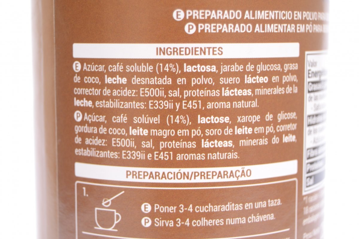 Ingredientes del preparado en polvo de capuchino Hacendado