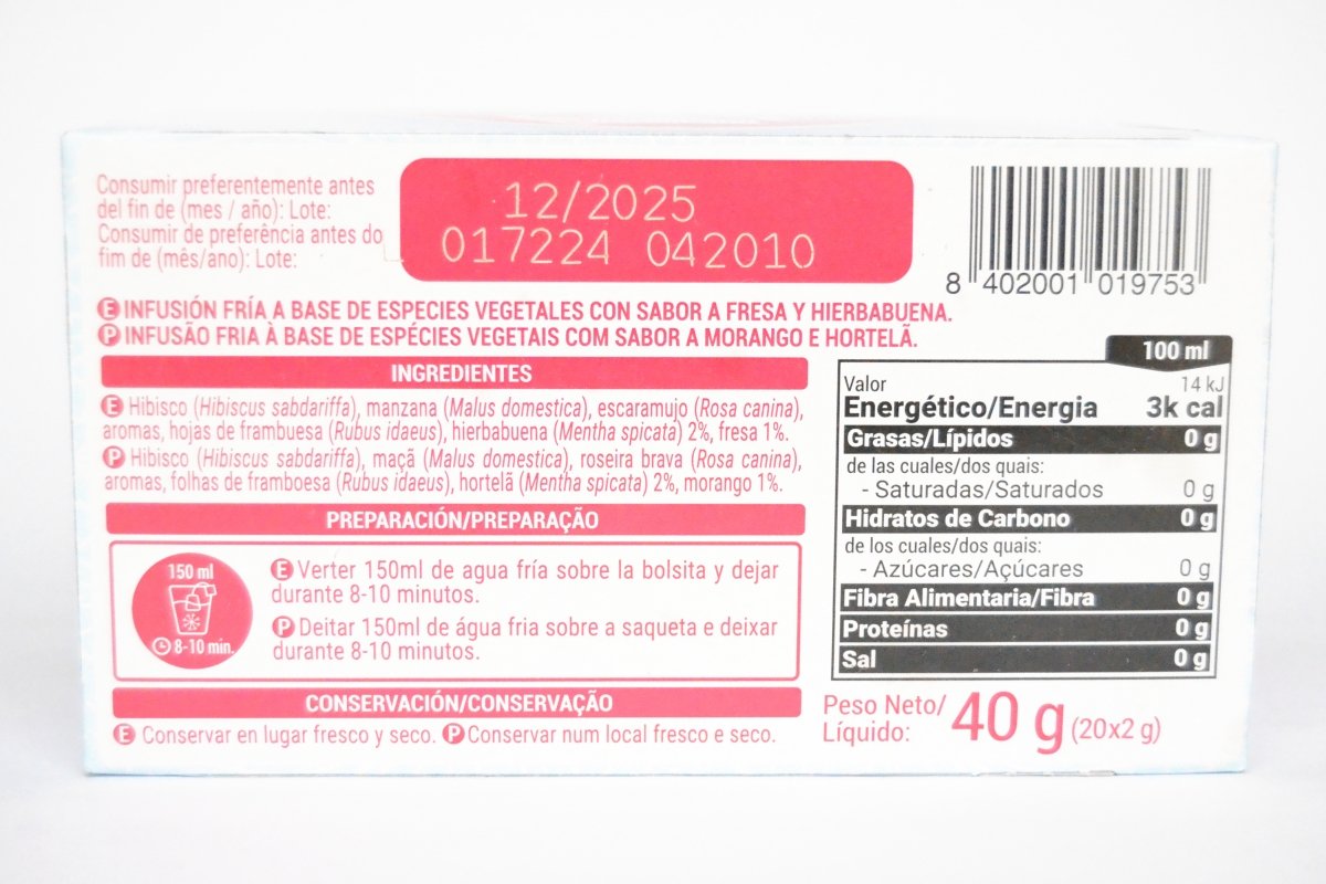 Ingredientes e información nutricional de la infusion fría de fresa de Mercadona