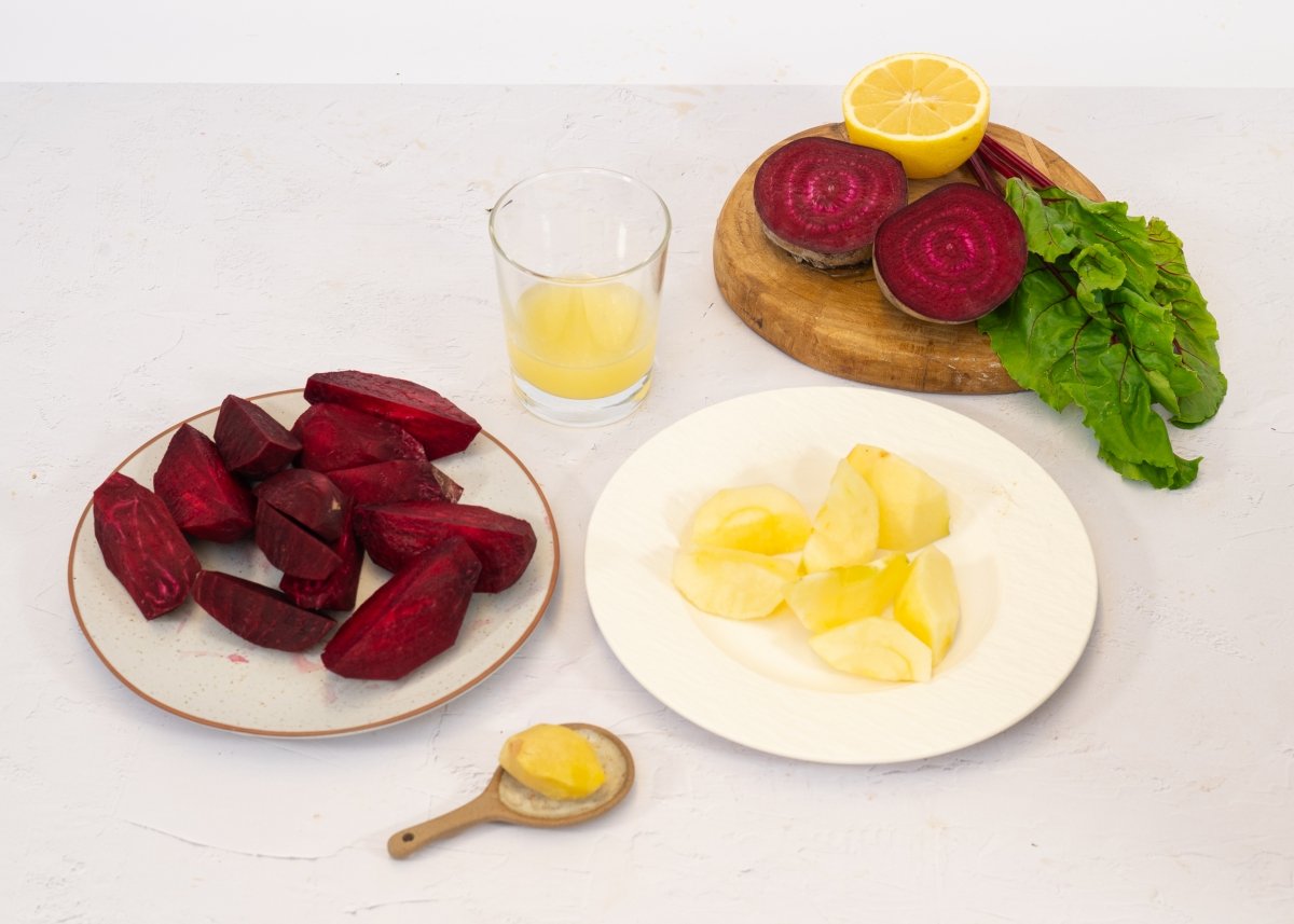 Clean and chopped ingredients to make beet juice
