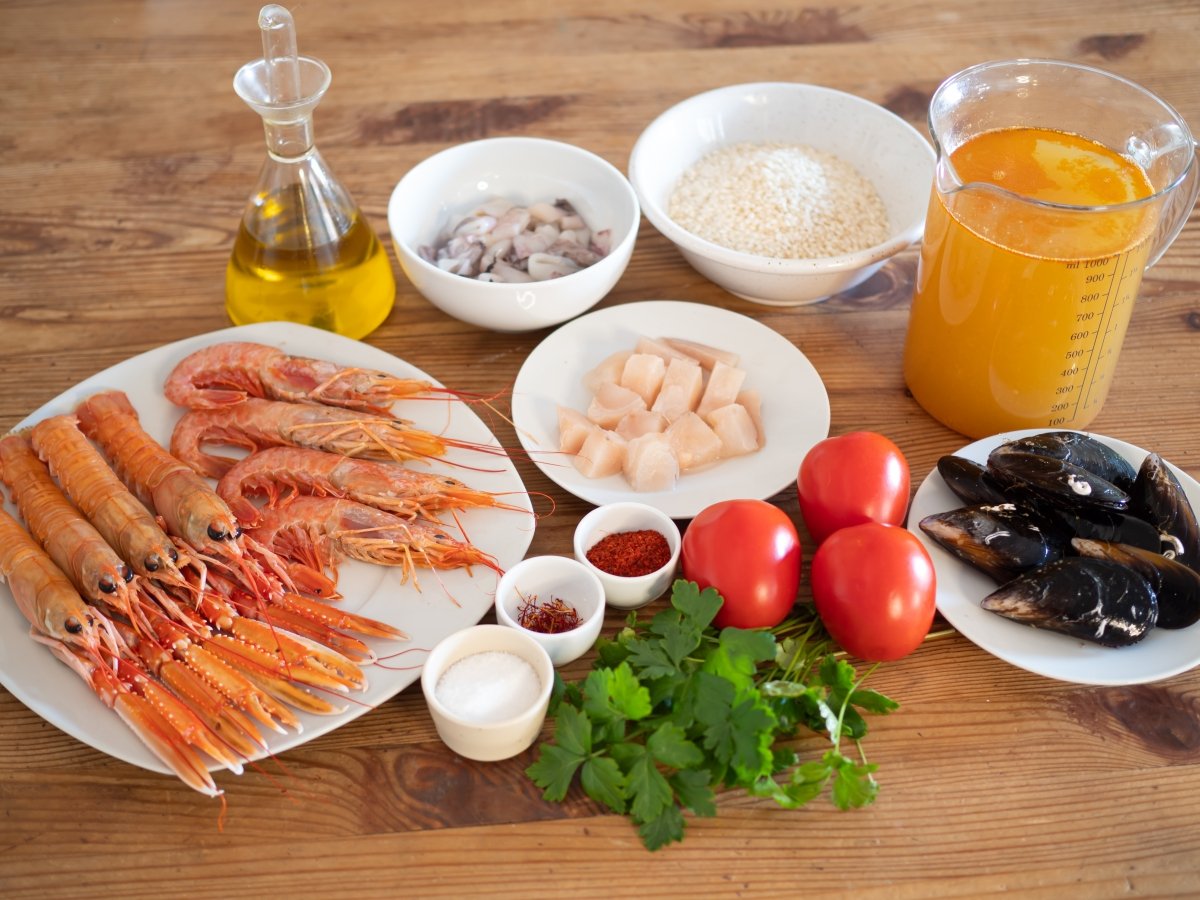 Ingredients for seafood paella