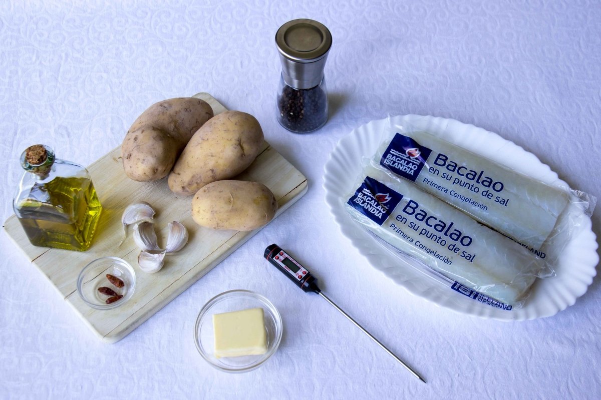 Ingredientes para el bacalao confitado sobre parmentier de patata