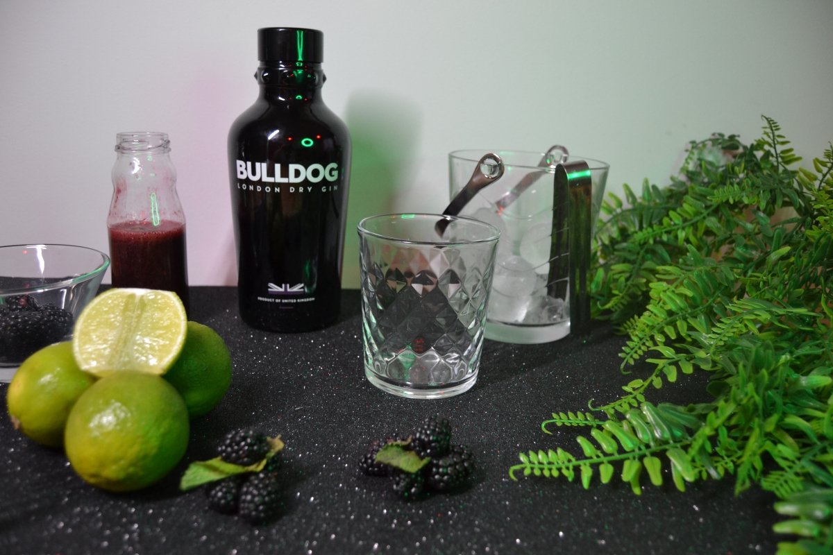 Ingredients for the BlackBerry Gin Fizz cocktail