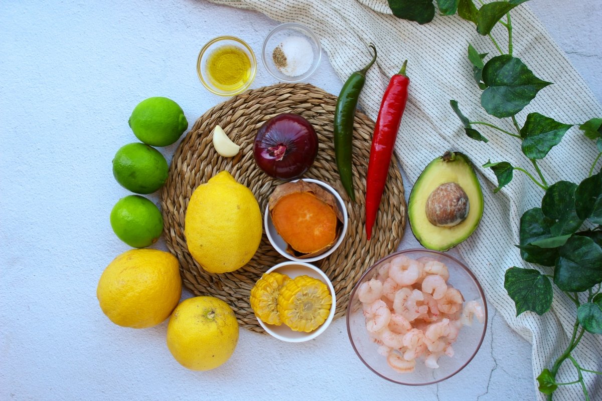 Ingredientes para hacer el ceviche de gambas