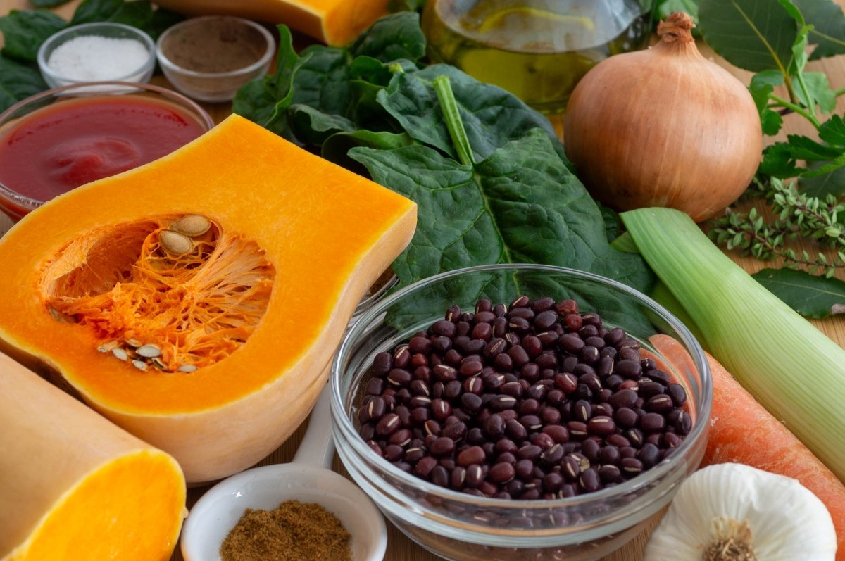 Ingredientes para las azukis estofadas con calabaza y verduras