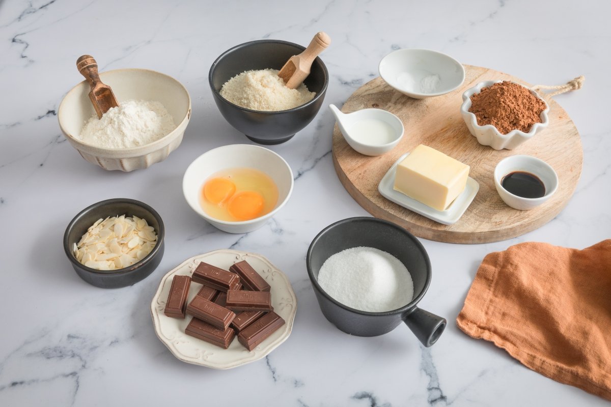 Ingredients for chocolate and almond cookies