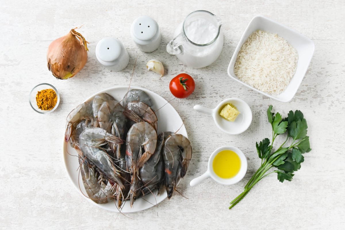 Ingredientes para preparar los langostinos al curry