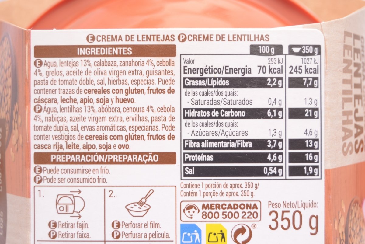 Ingredientes y valores nutricionales de la crema de lentejas Mercadona