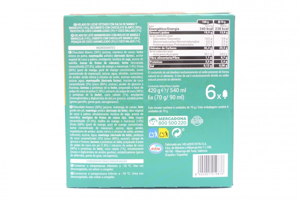 Ingredientes y valores nutricionales de los helados de mango con palo de Mercadona