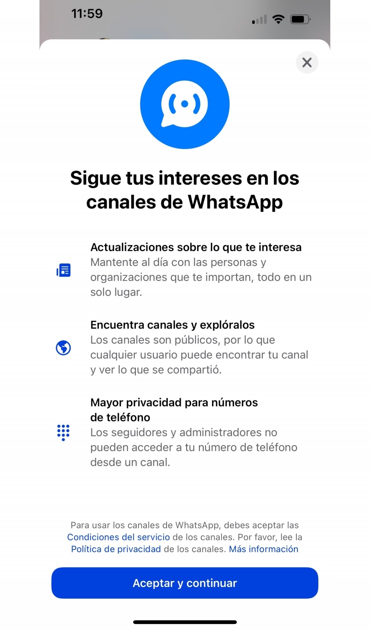 La primera vez que usas los canales de WhatsApp debes aceptar sus condiciones de uso