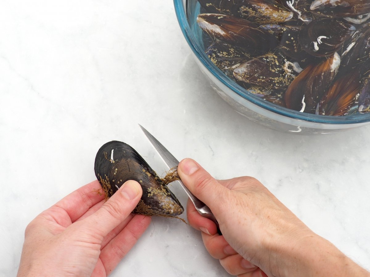 Limpiar los mejillones para los moules frites