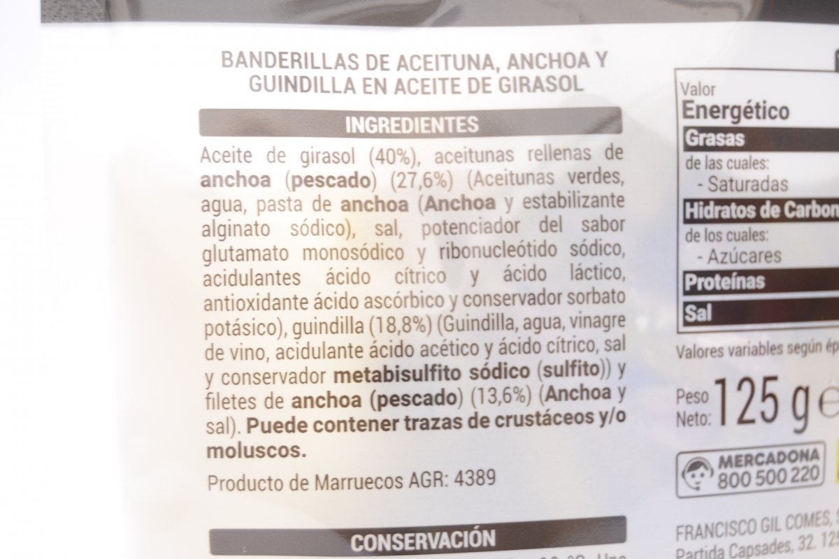Lista de ingredientes de las gildas de Mercadona